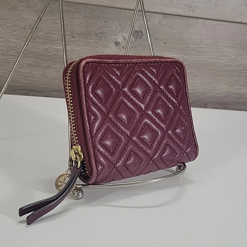 Tory Burch Burgundy Quilted Diamond Zip Wallet